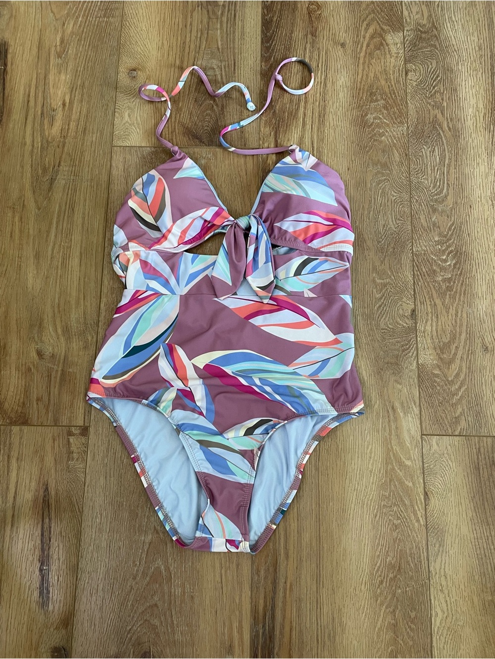 Splendid Mauve Halter One-Piece Swimsuit with Multicolor Leaf Print